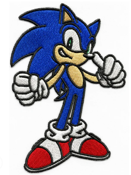 Embroidered character patch digitised by ZB Designs — satin-stitch outline, layered fills and a merrowed edge